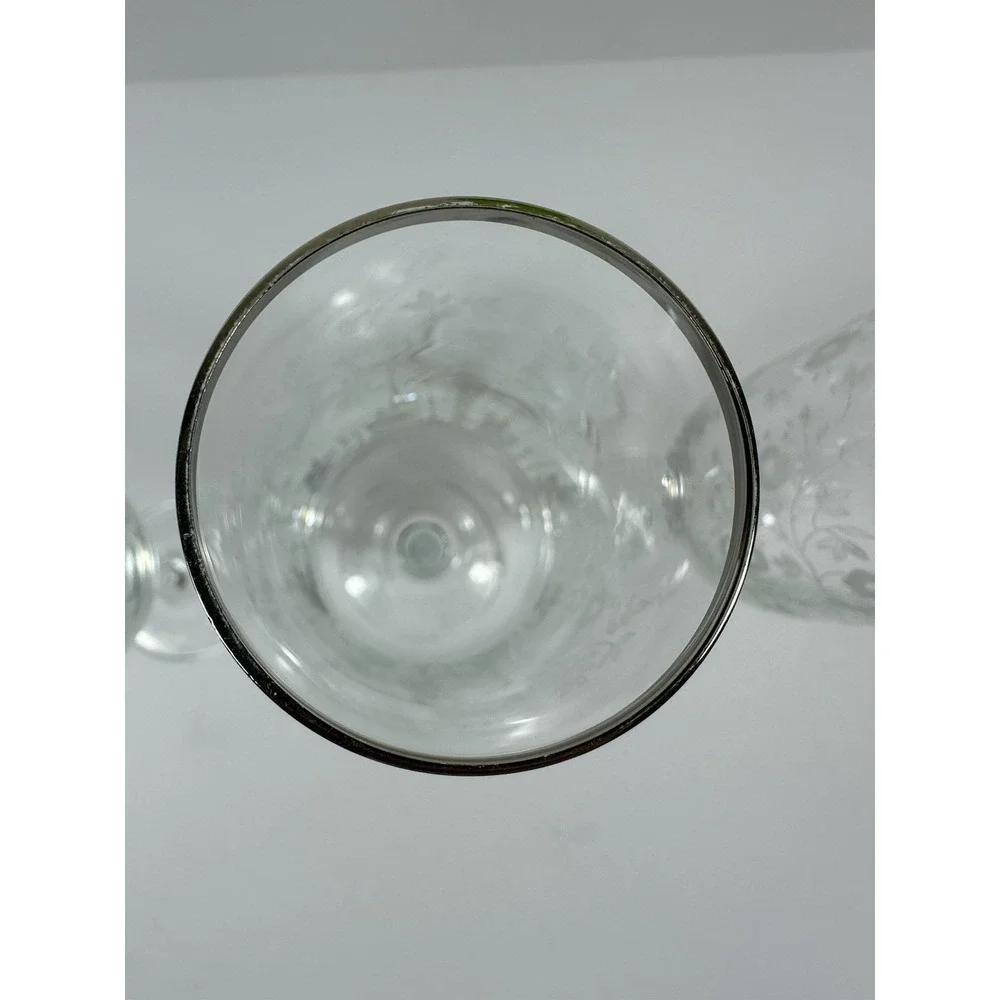 Etched Floral Champagne Glasses Platinum Silver Rim 8 1/4